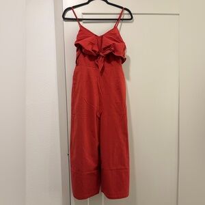 Fiery Red Cotton Bowknot Wide-Leg Jumpsuit